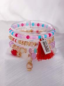 4pcs/Set Bohemian Elegant Sparkling Tassel Beaded Elastic Bracelet Set, Suitable For Women's Daily Wear, Birthday Party, Vacation, Gift