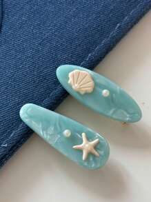 2pcs Women's Seawater Blue Shell & Starfish Acrylic Hair Clips, High-End Wavy Bangs And Messy Hair Clips ,Hair Accessory, Claw Clips, Clips For Hair, Hair Slide, Hair Claws