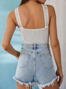 Y2K Rhinestone Jean Shorts Women Summer High Waist Raw Hem Tassel Denim Shorts Casual Stretchy Baggy Short Pants