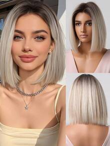 12 Inch Ombre Blonde Bob Wig Shoulder Length Wigs For Women Natural Looking Dark Brown Roots Middle Part Heat Resistant Fibre Synthetic Wig Daily Party Cosplay Use - Blonde Ombre - View 2
