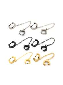 2 Peças Brincos Gota Pendente de Clipe de Orelha com Corrente Dupla na Cor Aço Preto e Dourado para Homens e Mulheres, Joias da Moda