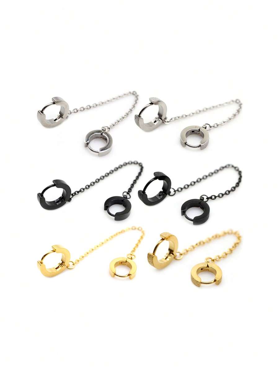 2 Peças Brincos Gota Pendente de Clipe de Orelha com Corrente Dupla na Cor Aço Preto e Dourado para Homens e Mulheres, Joias da Moda