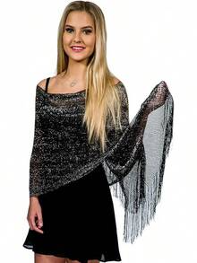 Metallic Glitter Shawl Wrap For Evening Dresses And Weddings - 黑色/銀色 - 查看 2