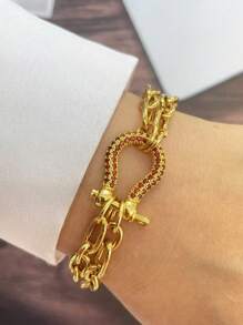 Pulseira dupla STYLEVER com fivela de ferradura dourada, cravejada com diamantes coloridos, corrente de aço inoxidável, combinada com pulseira estampada, estilo único e requintado