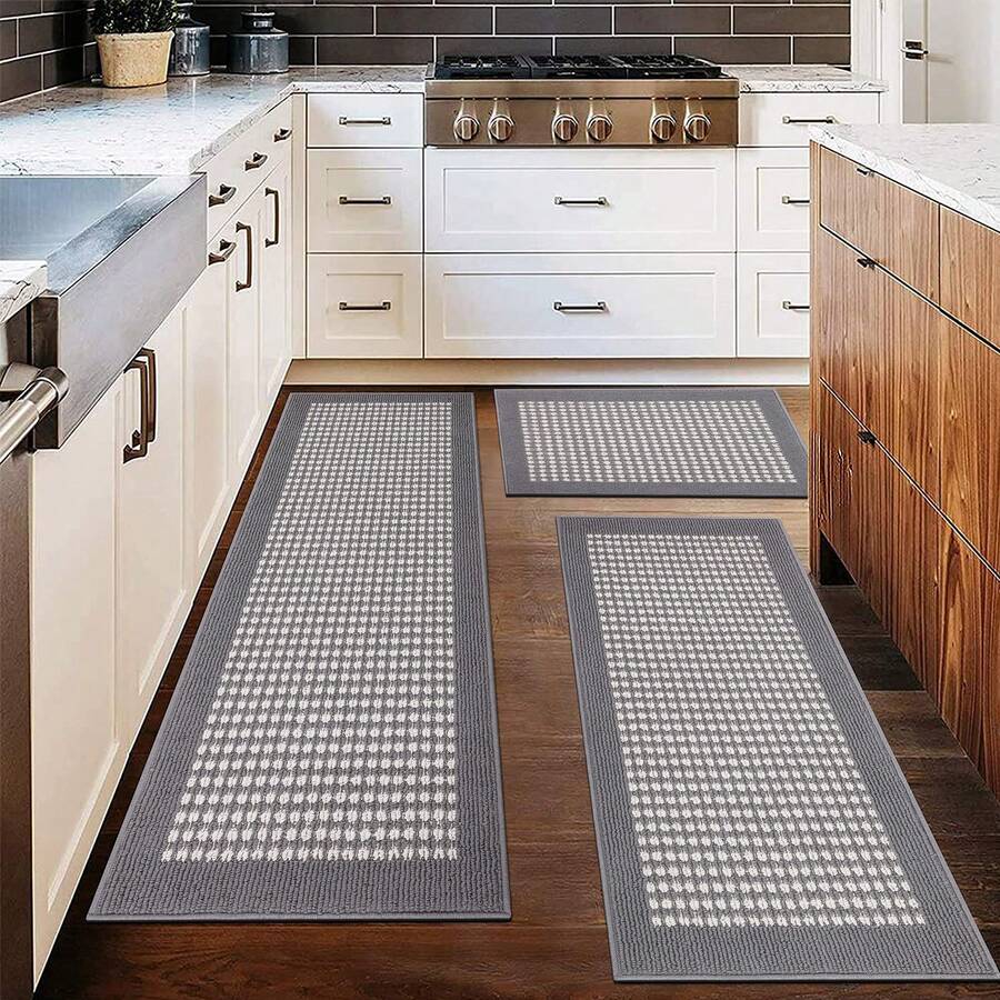 Kitchen Mat Sets 3 Piece Minimalist 3D Lattice Kitchen Floor Rugs With Non Slip Rubber Backing Machine Washable Farmhouse Runner Rugs For Laundry Hallway Doormat - 淺灰色 - 查看 1