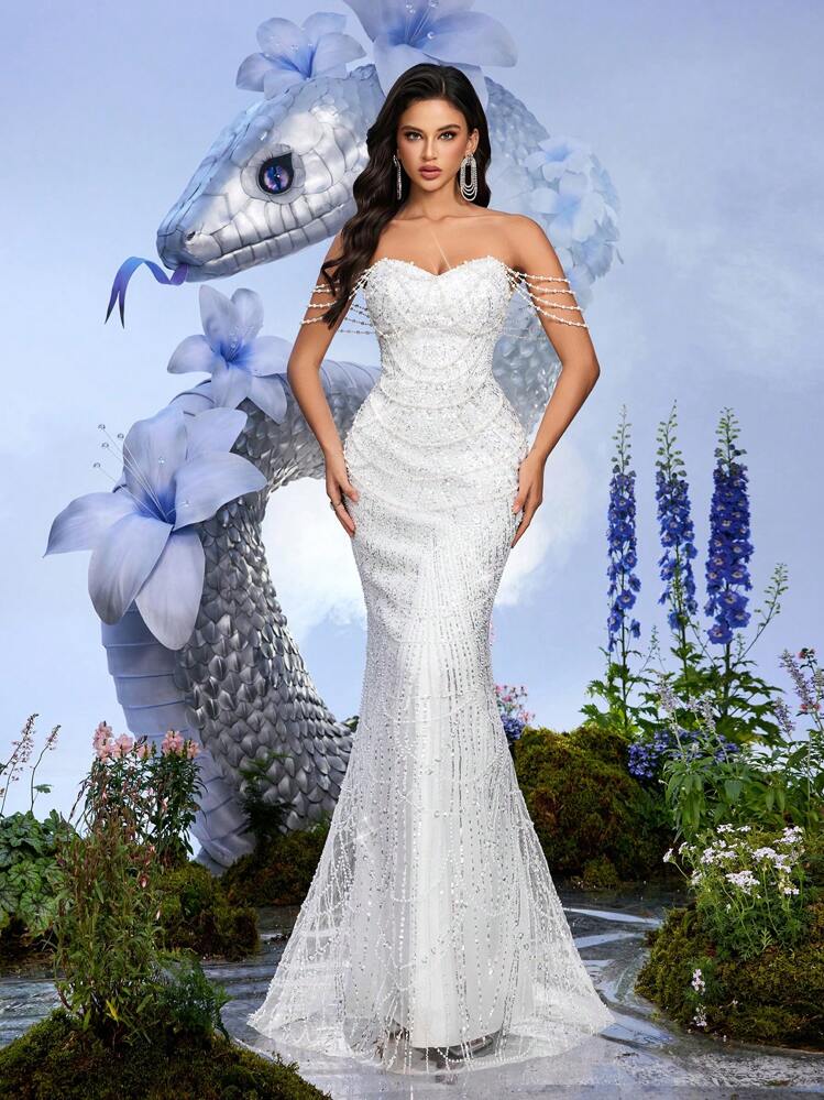 Robe de soirée longue à une épaule LUVISTRUE, avec décoration de perles et de paillettes. Convient pour la remise des diplômes, les soirées de gala, les fêtes d'anniversaire, les cocktails, les concerts et les cérémonies de remise de prix.