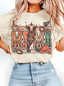 Plus Size Western-Style Mother's Day Gift Is. The Fashionable Retro Round Neck Short Sleeve T-Shirt Is. Casual Summer - Apricot - View 1