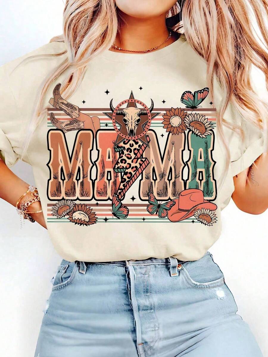 Plus Size Western-Style Mother's Day Gift Is. The Fashionable Retro Round Neck Short Sleeve T-Shirt Is. Casual Summer - Apricot - View 1
