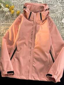 1pc Women Casual Hooded Jacket With Drawstring And Zipper Pockets, Machine Washable, Solid Color, Spring/Autumn