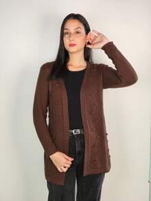 Polka Dot Knitted Cardigan - Coffee Brown - View 2