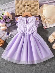 Left Mama 小女孩可爱盖袖网眼公主裙，夏季 - 紫色 - 查看 2