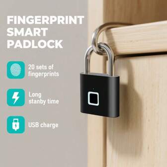 1pc Smart Fingerprint Padlock,"0.3 S" Fast Unlocking, USB Fast Charging, Long Battery Life, Can Record 20 Sets Of Fingerprints, Waterproof And Rust-Proof, Can Be Used In Various Scenarios Such As Gates, Schoolbags, Bicycles, Lockers, Etc. Stainless Steel Material, Thickened And Not Easy To Deform