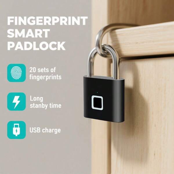 1 Stück Smartes Fingerabdruck-Vorhängeschloss, "0,3 S" schnelles Entriegeln, USB Schnellladung, lange Akkulaufzeit, kann 20 Fingerabdrücke speichern, wasserdicht und rostfrei, einsetzbar für Tore, Schulranzen, Fahrräder, Spinde usw. Material aus rostfreiem Stahl, verstärkt und nicht leicht verformbar