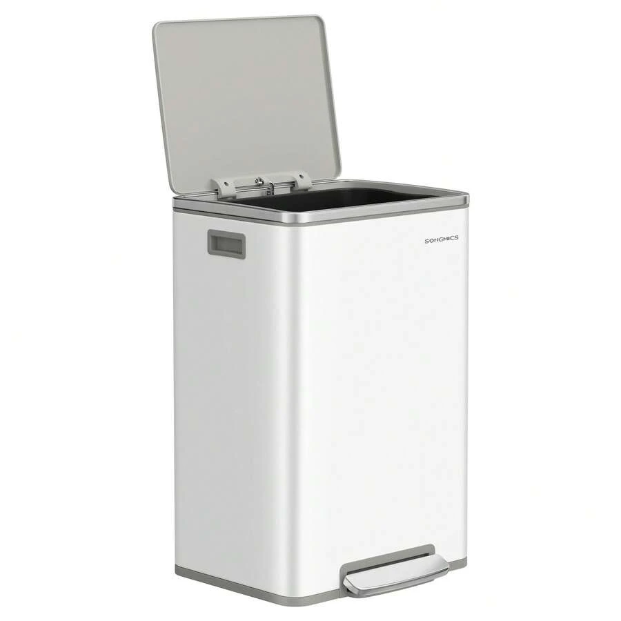 SONGMICS Trash Can, 13-Gallon Gabbage Can, With 15 Trash Bags, Steel, With Soft-Close Lid, Removable Inner Bucket, Handles - White - View 1