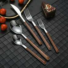 4/16/24 Pcs Stainless Steel Gold Cutlery Set, Wooden Grain Design, Plastic Handle Flatware, Japanese Style Tableware, Suitable For Kitchen, Hotel, School - Silver - View 4
