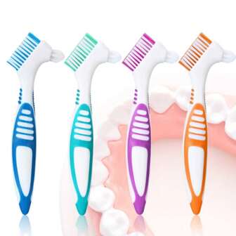 Cepillo de limpieza para dentaduras postizas, cepillo de doble cara para dentaduras, cepillo de limpieza para aparatos de ortodoncia invisibles, cepillo descamador para retenedores de ortodoncia, cepillo de dientes para personas mayores, adecuado para el hogar, viajes, viajes de negocios, al aire libre. Día del Padre, temporada anti-escuela, diversos regalos festivos. (Azul, verde, morado, naranja)