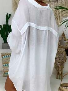 女士纯白色亚麻质感薄纱长袖宽松休闲衬衫，适合音乐节、科切拉派对、年轻女孩休闲穿着、海滩度假和夏季日常通勤 - 白色 - 查看 2