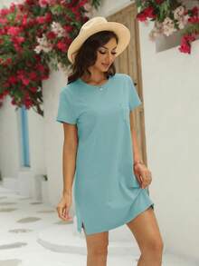 Women T Shirt Mini Dress Summer Short Sleeve Crew Neck Casual Dress With Pocket - 綠色 - 查看 3
