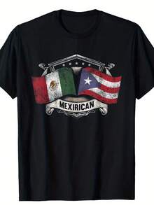 Mexico Puerto Rico Flags Mexican Puerto Rican Mexirican T-Shirt, Suitable For Unisex Personality Casual Round Neck Outdoor Short-Sleeved T-Shirt, Slightly Elastic, 100% Cotton, S-XXXL,100% Pure Cotton Short Sleeved Shirt, Essential For Summer And Spring, Loose Casual Round Neck, Men's Letter Printed T-Shirt, Suitable For Sports Enthusiasts - Black - View 1