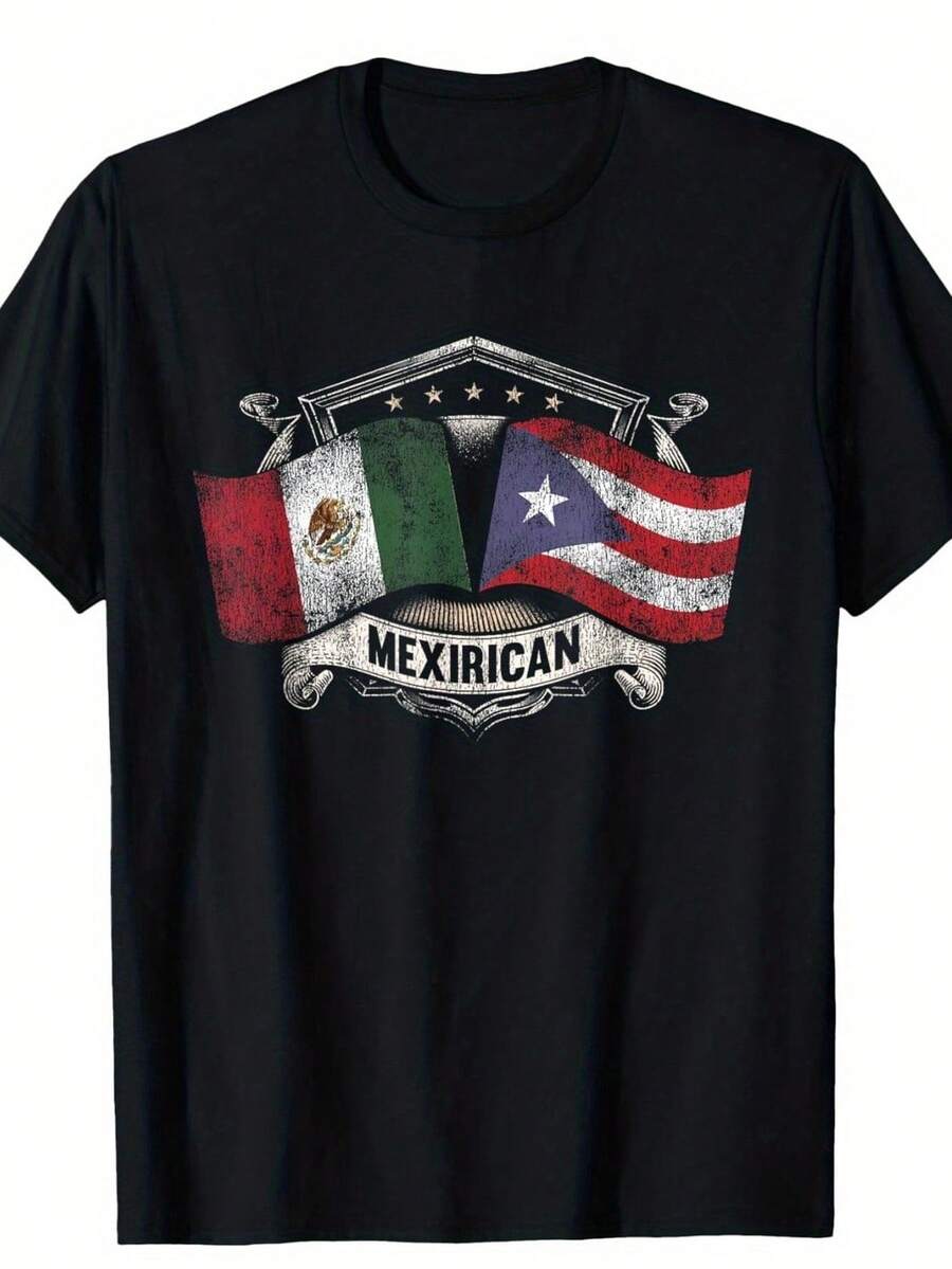 Mexico Puerto Rico Flags Mexican Puerto Rican Mexirican T-Shirt, Suitable For Unisex Personality Casual Round Neck Outdoor Short-Sleeved T-Shirt, Slightly Elastic, 100% Cotton, S-XXXL,100% Pure Cotton Short Sleeved Shirt, Essential For Summer And Spring, Loose Casual Round Neck, Men's Letter Printed T-Shirt, Suitable For Sports Enthusiasts - Black - View 1