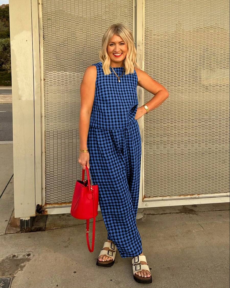 Women's Casual Blue Plaid Two Piece Outfit Sleeveless Round Neck Cropped Top And Pants Set Non-Stretch Woven Fabric - Màu xanh lam - Xem 1
