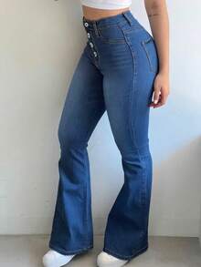 Women's Jeans, Slim Hip-Lifting American Bell Bottoms, Single-Breasted Design, Elastic Mid-Waist, Solid Color, Versatile, Elegant, Fashionable And Sexy, And Its New Daily Trousers In Autumn And Winter. - 深色水洗藍 - 查看 3