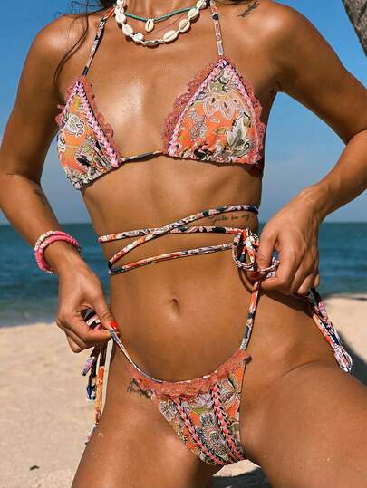 Bikinx Bộ đồ bơi bikini hai mảnh buộc dây họa tiết hoa bãi biển mùa hè cho nữ