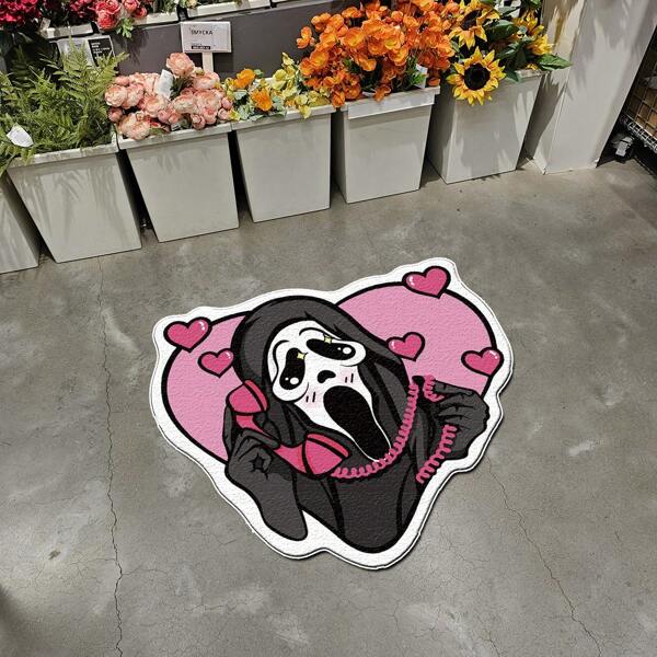 1pc Pink Heart Ghost Face Patterned Carpet, Thickened Velvet Dotted Plastic Bottom Decorative Rug With Horror Elements, Non-Slip Wear-Resistant Fluffy Bedside Mat Suitable For Living Room, Bedroom, Kitchen, Bathroom, Laundry Room, Hallway, Entrance Door, Game Room, Boy's Or Girl's Playroom Decoration, Home Decor