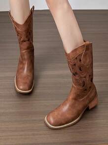Retro Brown Western Cowboy Boots, Women Spring Autumn 2025 New V-Cut Hollow Mid-Calf Rider Boots, Vintage Style