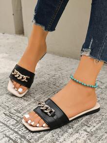 新款女士平底凉鞋，方头设计，饰以链条和水钻，轻便舒适，一脚蹬款式，适合居家、春夏户外、休闲、乡村度假、街头时尚、海滩等场合。 - 黑色 - 查看 3
