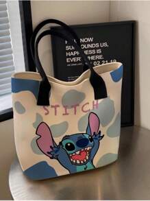 Disney قطعة واحدة (مرخصة من ديزني) حقيبة قماشية بيج بتصميم كارتوني بسيط وأنيق تضم شخصيات ستيتش وميكي ماوس وأميرات ديزني وبلوتو، حقيبة يد محمولة للبنات
