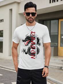 tooluck Men's Tshirt Comfort Fit, Dragon Print Tee Shirt, Casual Short Sleeve T-Shirt For  For Daily Vacation Resorts - 白色 - 查看 3