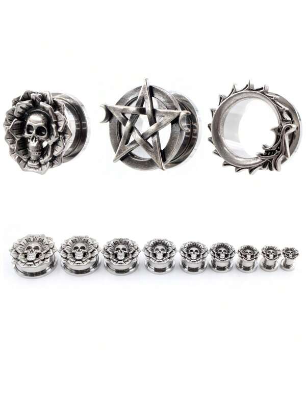 2 Peças Túneis e Alargadores de Orelha de Aço Inoxidável com Estilo Punk, Designs de Caveira, Estrela e Dragão, Tamanhos de 8-25mm, Joias para Piercing Corporal