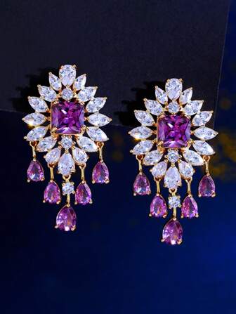 1 对奢华紫色水滴流苏吊灯耳环，镀金方晶锆石，婚宴珠宝，适合新娘、订婚、选美、派对、舞会，送给女性、新娘、女友、妻子的礼物