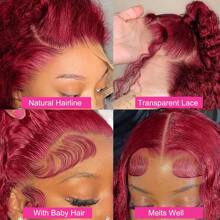 Perruque de cheveux humains à ondulation profonde 99j bordeaux avec densité de 200% et frontale en dentelle de 34 pouces. Perruque à front en dentelle de cheveux humains ondulés naturels de 13x4 avec hairline naturel et cheveux bébé, conçue pour femmes.