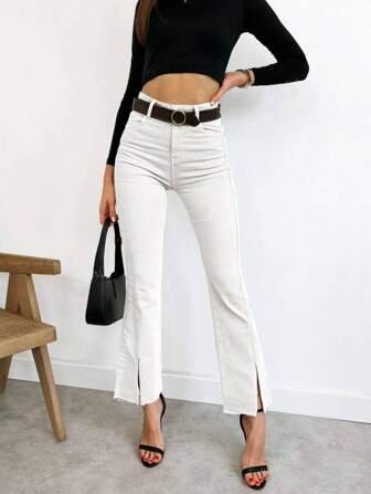 Pantalon en tissu de couleur pour femme, coupe bootcut, pantalon à neuf points, mode, couleur unie, poche, bouton, fermeture éclair