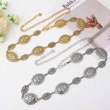 Corrente de Cintura de Metal Prateado Fashionable & Versátil para Mulheres com Incrustação de Pedra Esculpida em Flor, Cinto de Corrente Vintage Gravado, Acessório