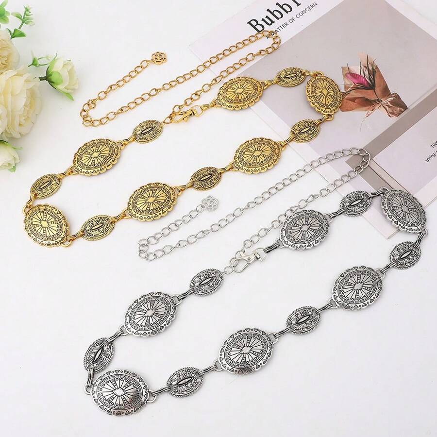 Corrente de Cintura de Metal Prateado Fashionable & Versátil para Mulheres com Incrustação de Pedra Esculpida em Flor, Cinto de Corrente Vintage Gravado, Acessório