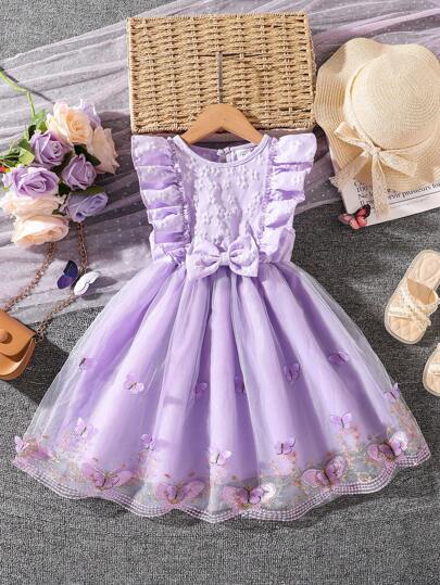 Left Mama Young Girl Cute Cap Sleeve Mesh Princess Dress, Summer