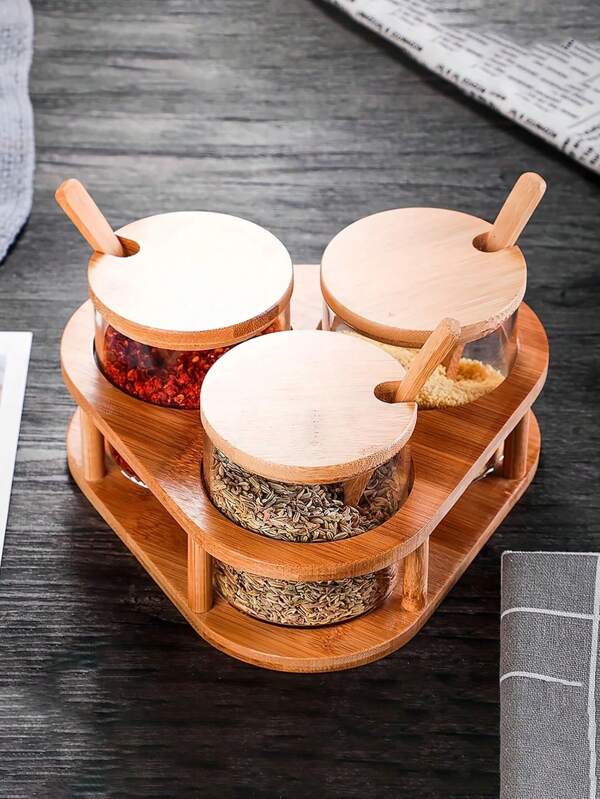 1 Set de 3 frascos de especias para el hogar, juego de frascos de especias de vidrio multifunción con tapa de bambú y madera, con bandeja de madera triangular - Botella de especias de vidrio, botella de almacenamiento de especias de vidrio, frasco de almacenamiento, perfecto para el almacenamiento de condimentos y terminación de la cocina