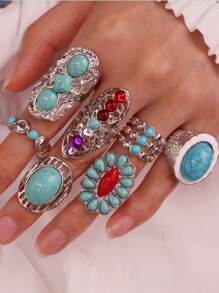 Juego de 7 piezas de anillos de tono turquesa y plateado de aleación con diseño elegante y vintage, apropiado para uso diario, festivales y fiestas