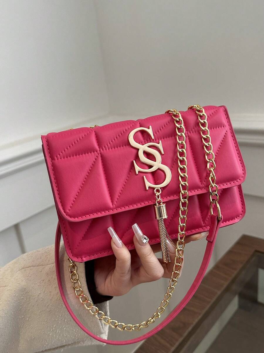 Bolsa quadrada pequena com aba, padrão de losango de cor sólida, bolsa transversal com alça de corrente de PU da moda, decoração de borla, mini bolsa de ombro, carteira, adequada para compras