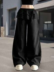 Women's Spring Summer Baggy Pants Elastic Waistband Low Waist Loose Wide Leg Pants With Fart Curtain