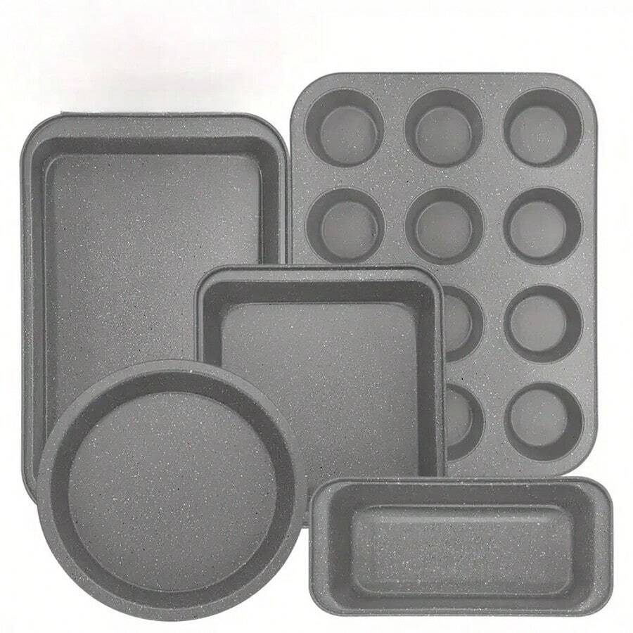 5/10 Piece Bakeware Set, Non-Stick Kitchen Bakeware, Carbon Steel, Including Baking Accessories (Cookie Sheet, Cake Pan, Bread Pan, Muffin Pan, Pizza Pan) - Gray Sprinkles - 五件套 - 查看 1