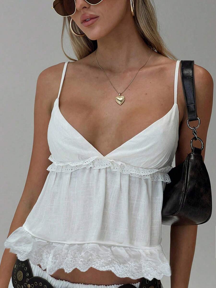 Women's Boho White Linen Casual Sexy V-Neck Camisole Tank Top, Suitable For Music Festival Concert Coachella Party, Hot Girl Spring/Summer Young Girl Daily Wear, Rave Outfits - 白色 - 查看 1