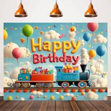 1 Stück Hintergrund mit blauem Himmel, weißen Wolken und Luftballon, kleiner Zug voller Geschenke, Geburtstagsfeierbanner, Party, Heim- und Bürozelebrationshintergrund