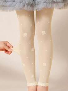 1 pieza Pantimedia transparente de alta elasticidad con tejido jacquard para niñas, se puede usar sola o como medias, para todas las estaciones