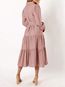 Women's Dresses Long Sleeve Dresses Casual V Neck Tie Button Down Flutter Tie Waist Shirt Dresses - Hồng - Xem 2