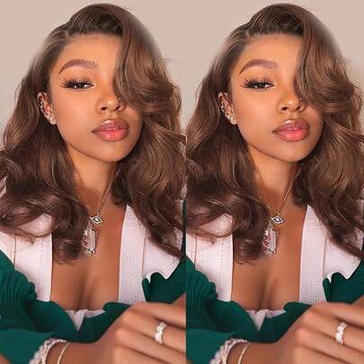 4*4 5*5 无胶夹式波波头假发 & 13x4 高清透明蕾丝前假发，200% 密度，20 英寸无胶假发，混合纹理，自然短波浪卷，预先拔毛，精灵卷发 - 6 英寸，夹式即戴，棕色，弹性带确保佩戴牢固，适合女性，尺码 8-14