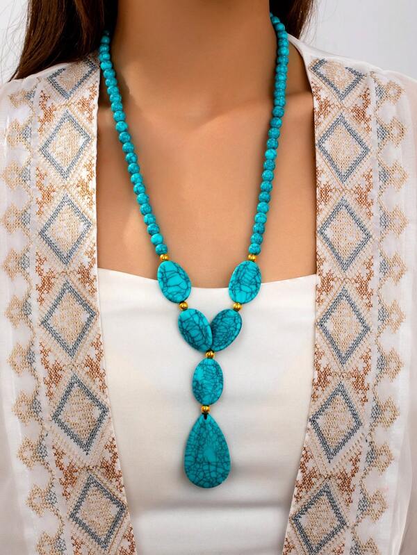 1pc/Set Bohemian Retro Style Imitation Turquoise Asymmetrical Beaded Women's Necklace